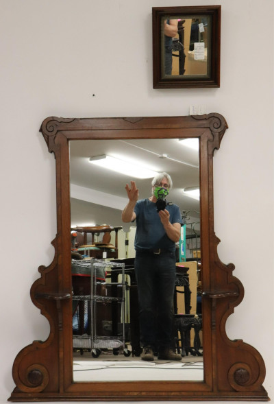 Victorian Carved Oak Mantle Mirror & other
