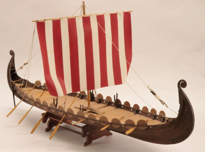 Carved Wood & Plastic Viking Long Boat Model