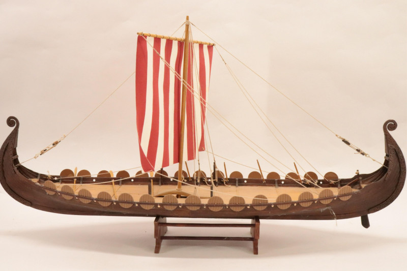 Carved Wood & Plastic Viking Long Boat Model