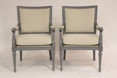 Image for Lot Pair Louis XVI Style Grey Painted Fauteuils