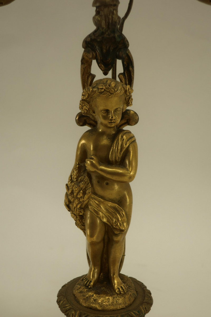 French Gilt Bronze Figural 2 Light 2 Candle Lamp