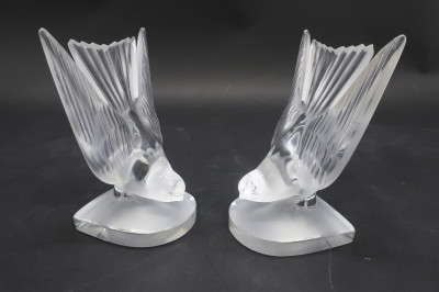 Pair Lalique Glass Hirondelle Swallow Bookends