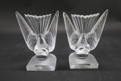 Pair Lalique Glass Hirondelle Swallow Bookends