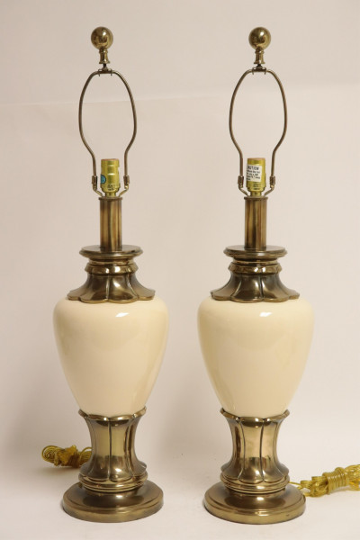 Pr Mid Century Stiffel Cream Ceramic & Brass Lamps