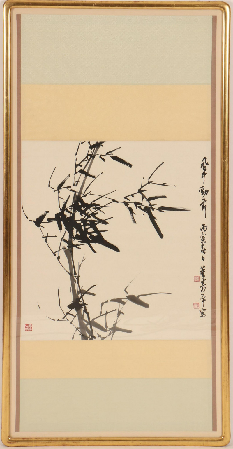 Asian Framed Scroll, 20th C., Bamboo, ink on paper