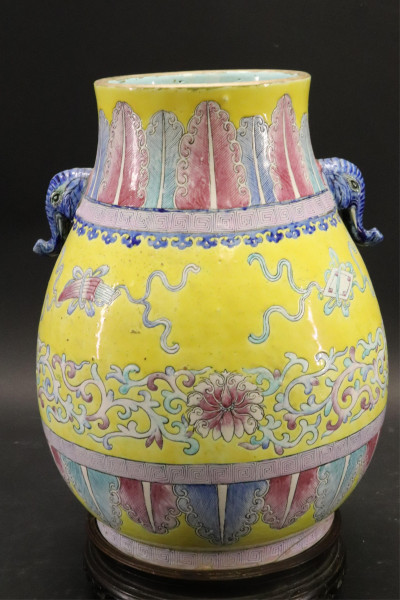 Chinese Polychrome Vase with carved hardwood stand
