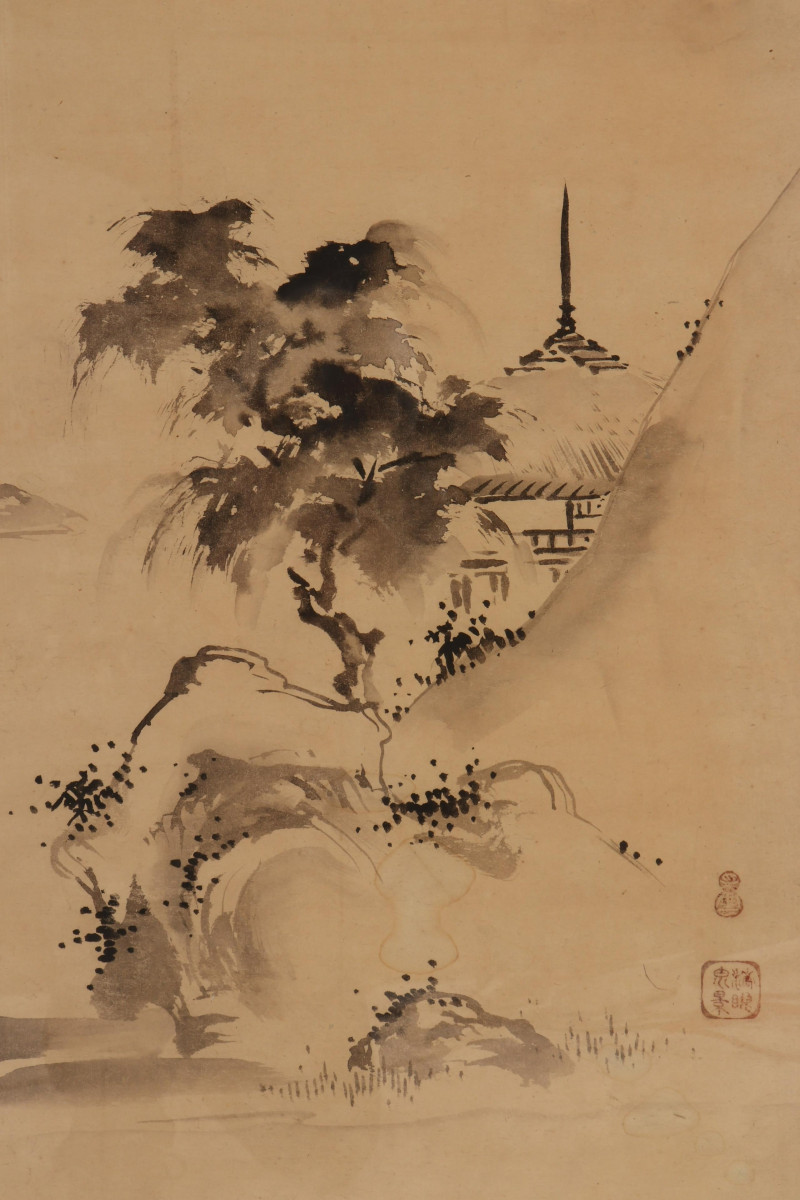 Asian Framed Scroll, Temples, ink on paper