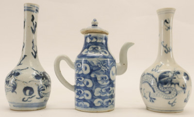 Chinese Ewer and Pair of Small Bottle Vases