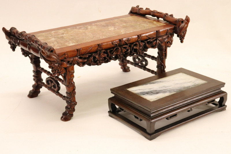 Two Carved Chinese Wood and Stone Panel Stands