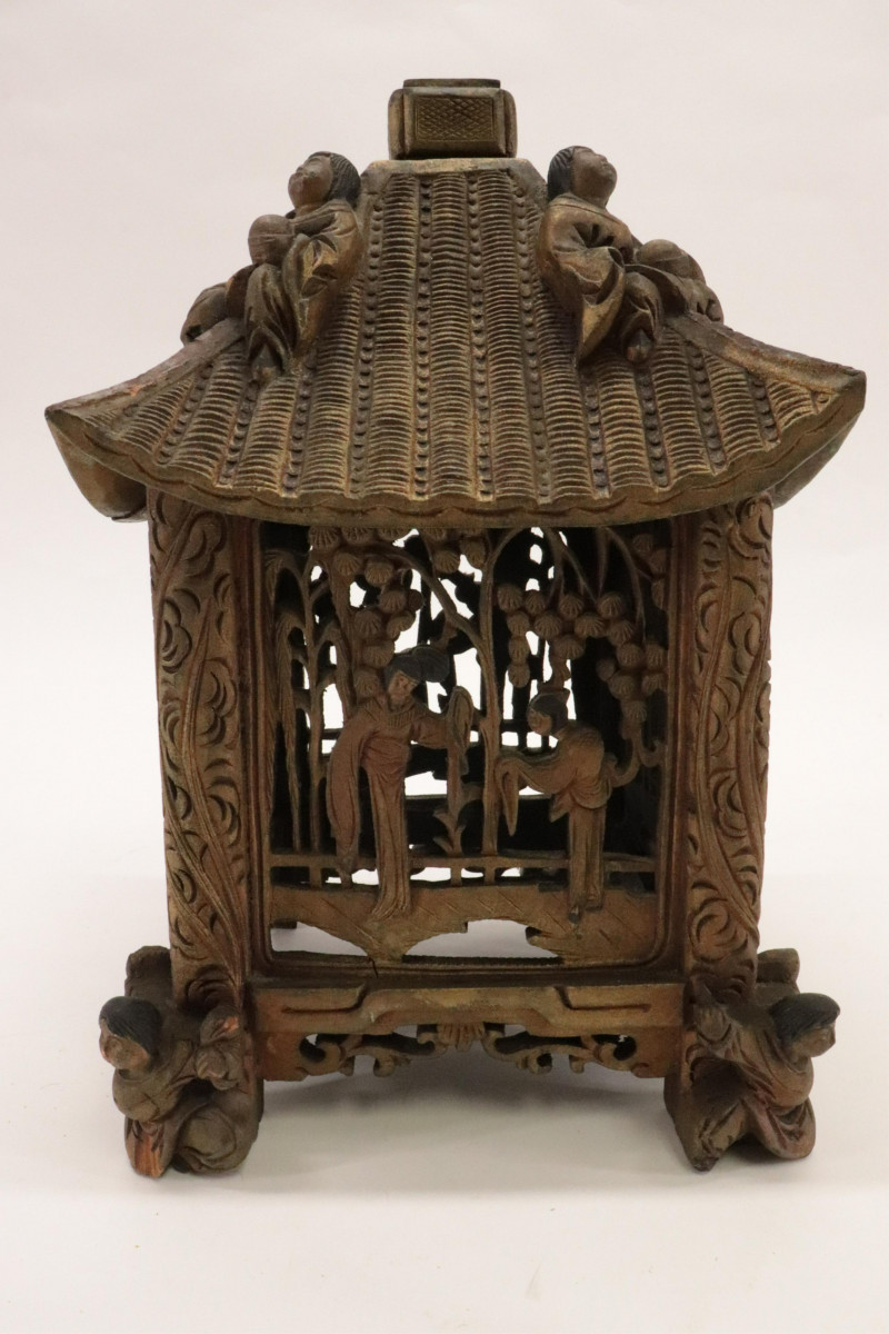 Carved Wood Pavilion and Tobacco Pouch
