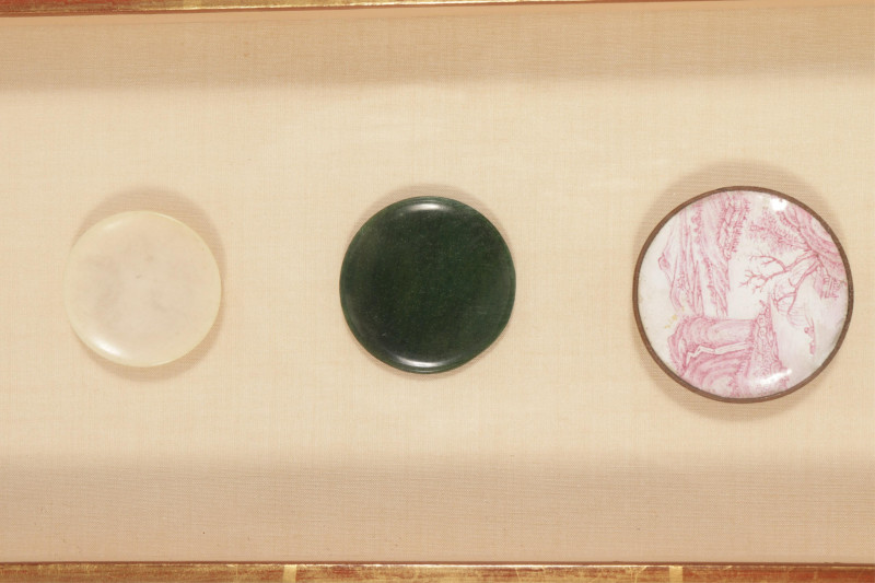 Framed Small Saucers and Carved Jades