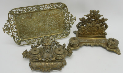 Image for Lot 2 Victorian Brass Inkwells & Tray