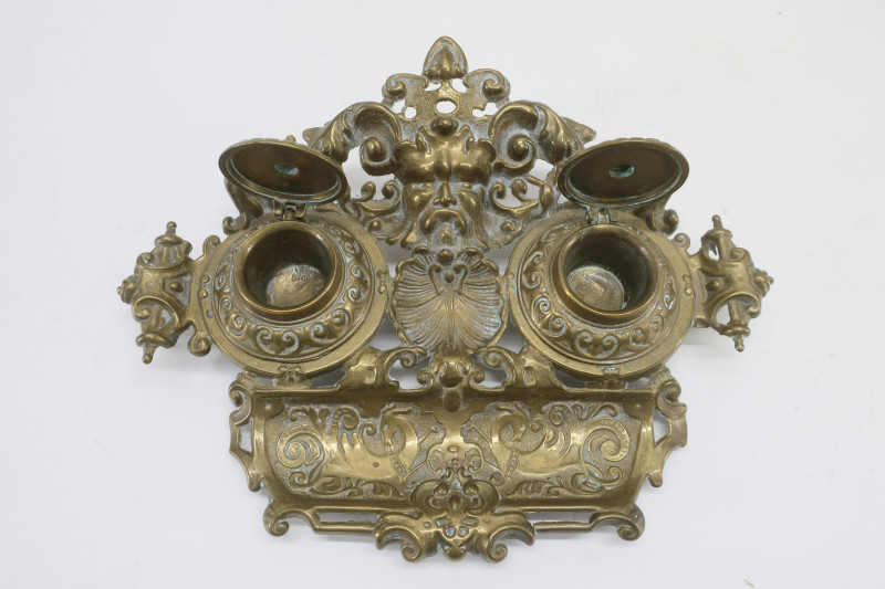 2 Victorian Brass Inkwells & Tray
