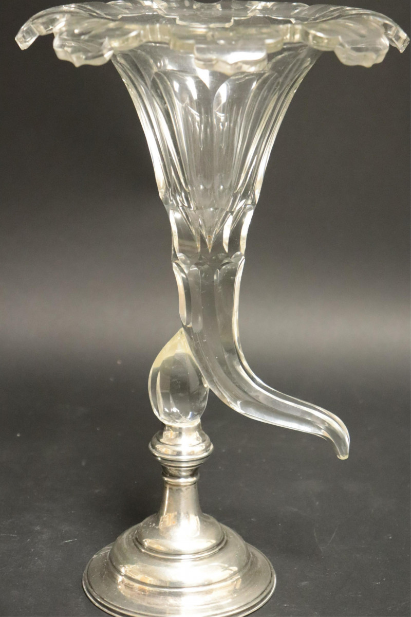Pair Cut Glass Cornucopia Vases; Sterling Bases