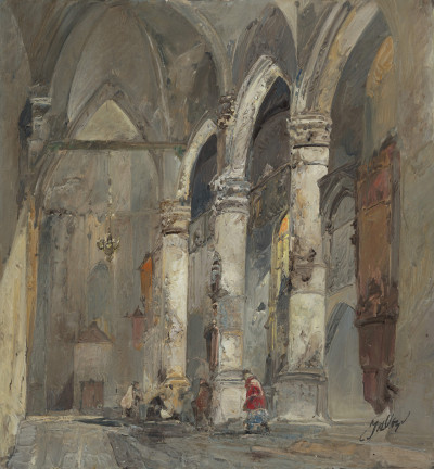 Image for Lot Jan de Vogel - Cathedral Interior with Monk