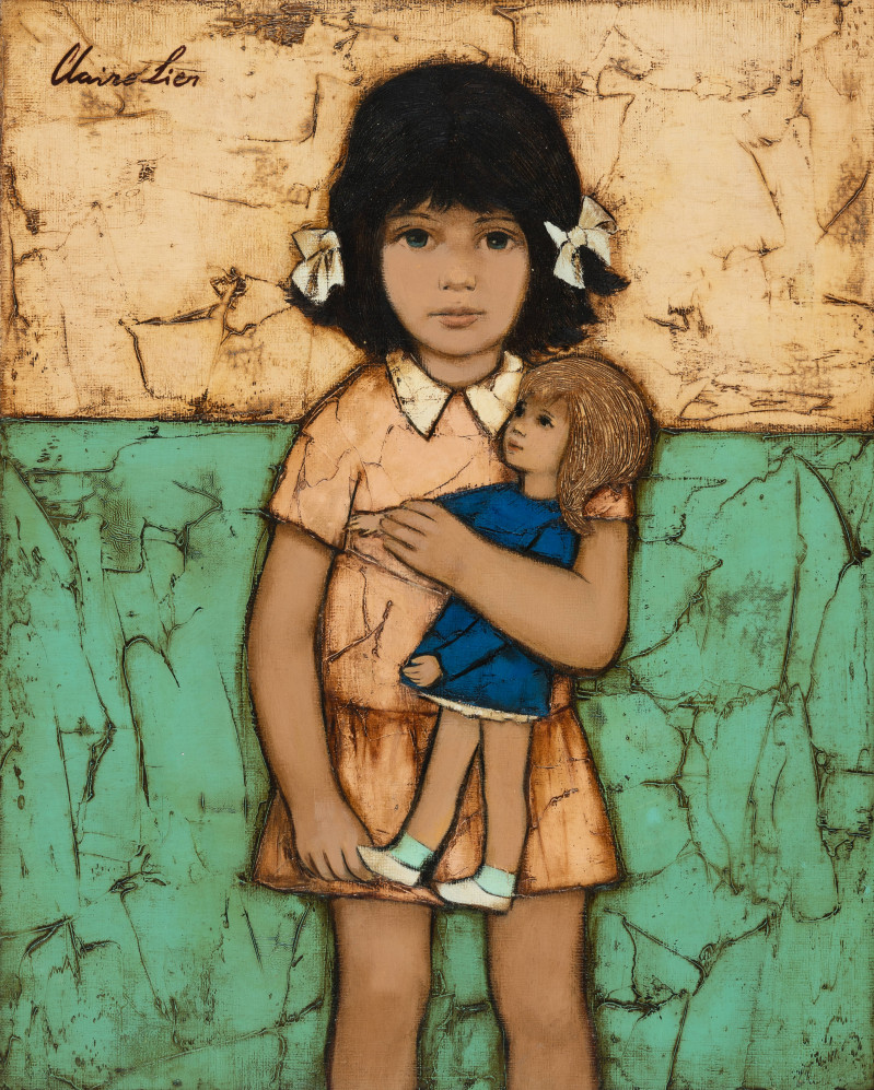 Claire Lier - Girl with Doll on Green &amp; Beige