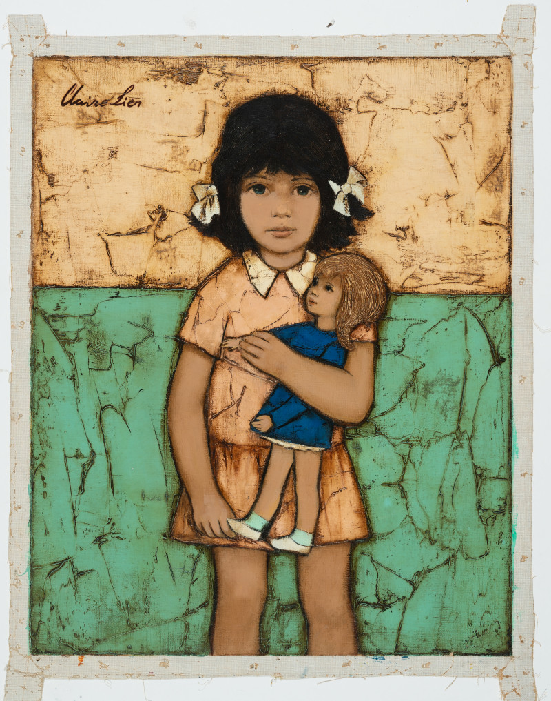 Claire Lier - Girl with Doll on Green &amp; Beige