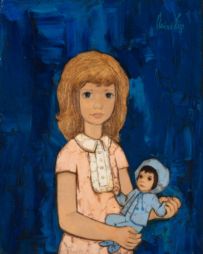 Claire Lier - Girl with Doll on Blue