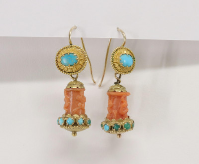 Carved Coral and Turquoise Earrings