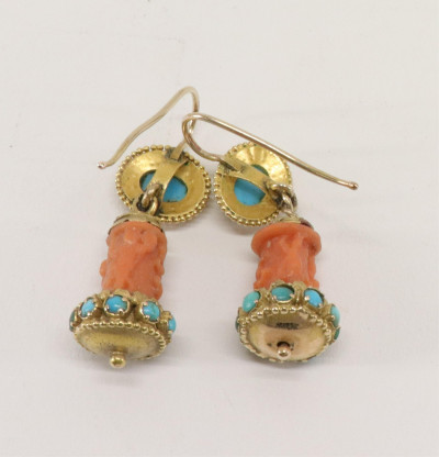 Carved Coral and Turquoise Earrings