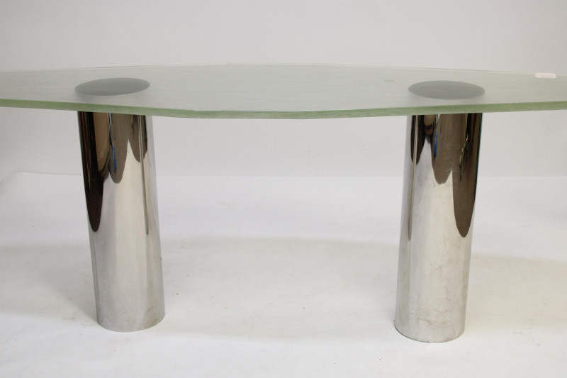 Pair 1970's Chrome &amp; Textured Glass Consoles