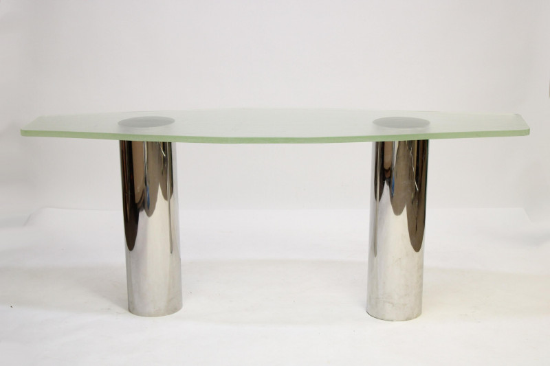 Pair 1970's Chrome &amp; Textured Glass Consoles