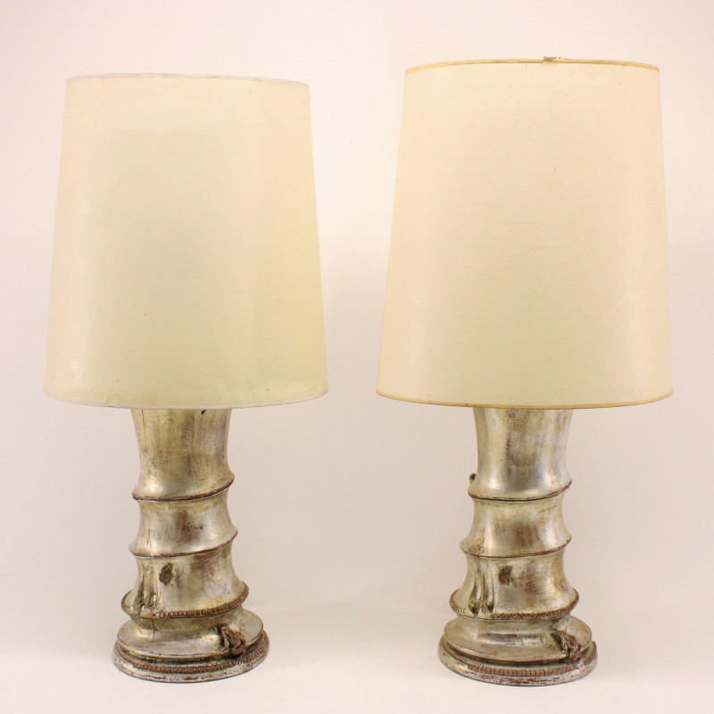 Pair James Mont Silvered Faux Bamboo Lamp