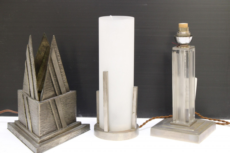 3 French Art Deco Metal &amp; Glass Lamps