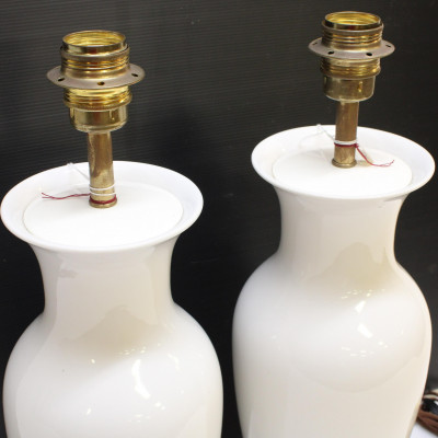 Pair Mid Century Brass &amp; White Porcelain Lamps