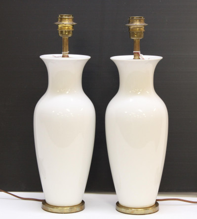 Pair Mid Century Brass &amp; White Porcelain Lamps