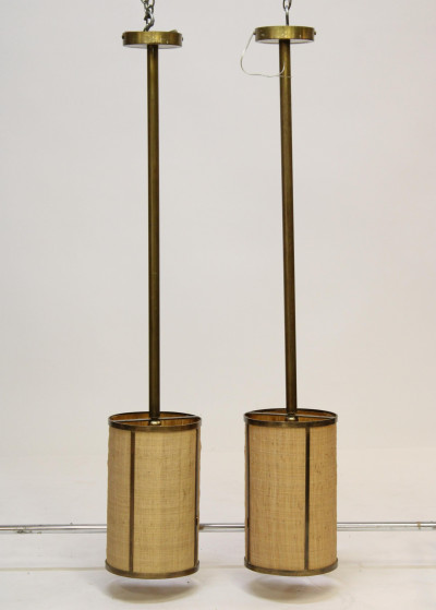 Pair Mid Century Brass &amp; Linen Ceiling Fixtures