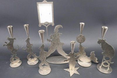 Amy Hess, 8 Polished Steel Candle Holders &amp; Frame