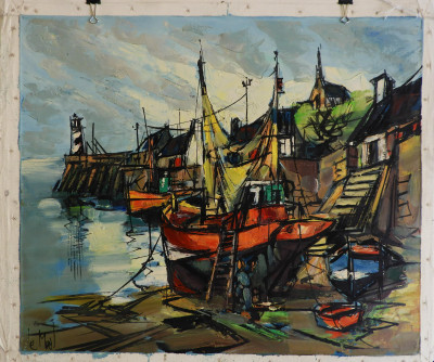 Expressionist Harbor Scene, 20th C, signed