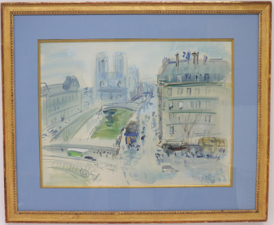 Raoul Dufy Style Watercolor, View of Notre Dame