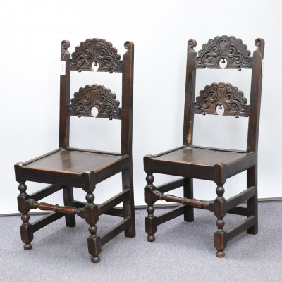 Image for Lot Pair English Baroque Style Oak Side Chairs