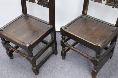 Pair English Baroque Style Oak Side Chairs