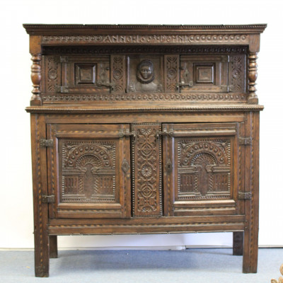 Image for Lot English Baroque Inlaid &amp; Carved Court Cupboard