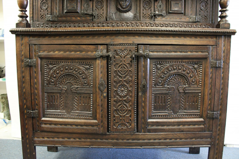 English Baroque Inlaid &amp; Carved Court Cupboard