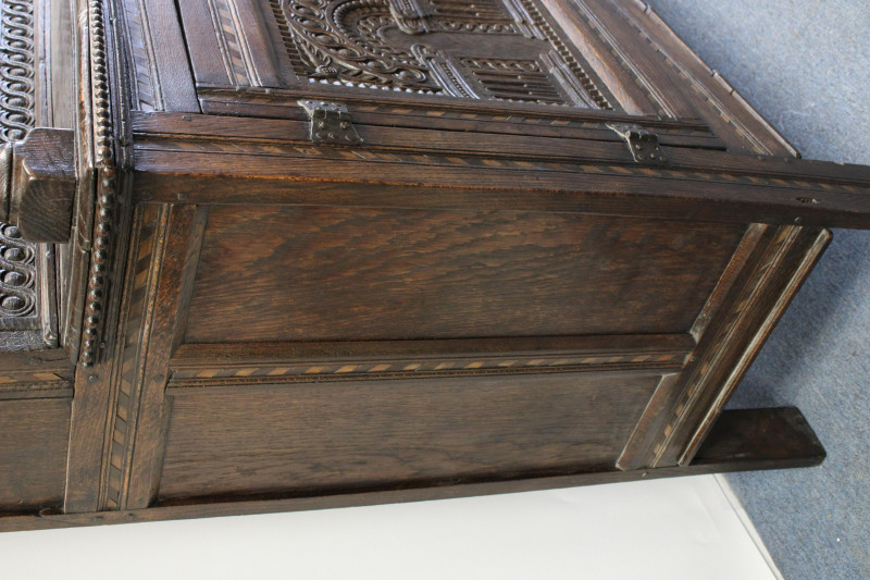 English Baroque Inlaid &amp; Carved Court Cupboard
