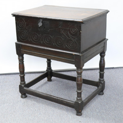 Image for Lot English Baroque Oak Lift-Top Chest on Stand