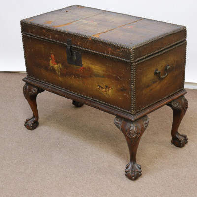 Image for Lot Blanket Chest/Stand, Leather with Painted Scenes