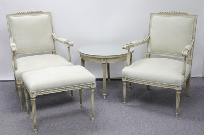 Image for Lot LXVI Styled Pr. Armchairs, Bench, Table