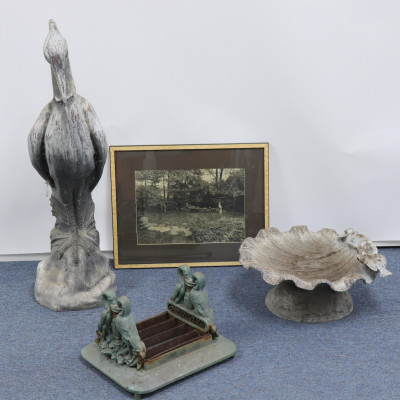 Image for Lot Garden Egret Statuary, Birdbath, Boot Scraper