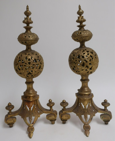 Image for Lot Pair of Victorian Gilt Pierced Brass Andirons