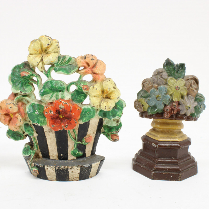 10 Cast Iron Doorstops; floral baskets, windmill