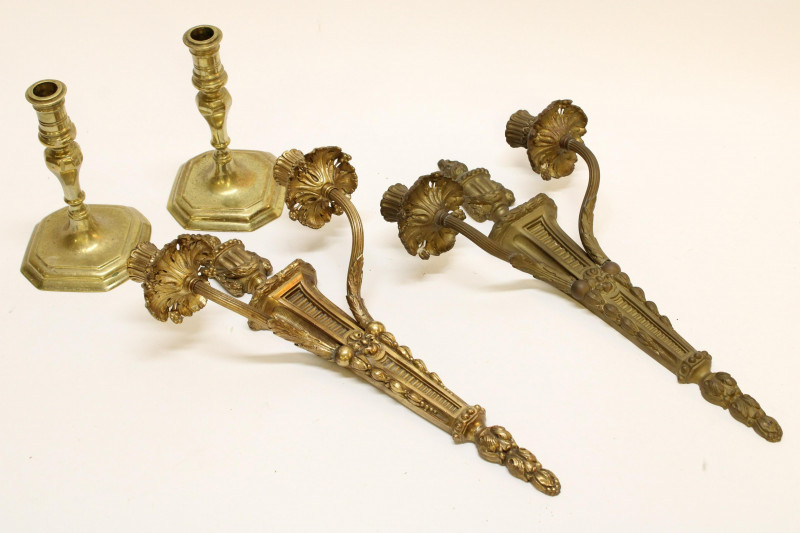 Pair Gilt Bronze Sconces &amp; Candlesticks