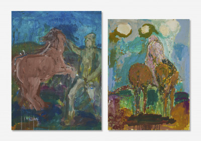 Unknown Artist - Group, two (2) men with horses