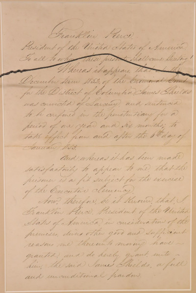 Franklin Pierce, Pardon of James Shields, 1854