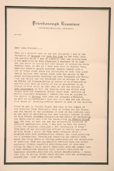 Robertson Davies, letter to Sir John Gielgud