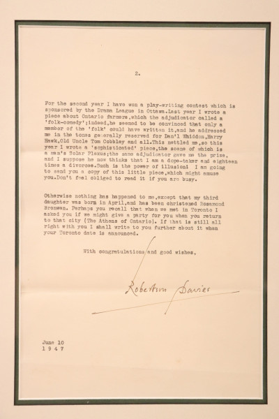 Robertson Davies, letter to Sir John Gielgud